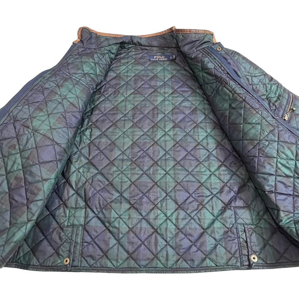 Polo Ralph Lauren Quilted‎ Jacket Womens L Navy Green Plaid Leather Trim - Picture 2 of 11
